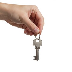 Hand holding a key isolated on white background