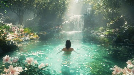 Serene woman swims in a tranquil forest pool