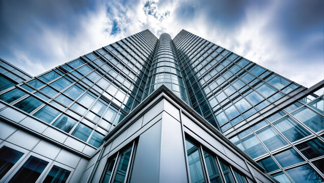 Modern glass skyscraper with symmetrical architecture photographed from perspective against blue sky with clouds. Corporate office tower with reflective windows and structure represents business - Powered by Adobe