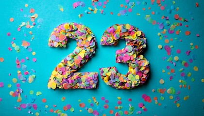 Number 23 made out of confetti. Photo for twenty-third birthday or anniversary party