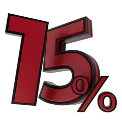 3d render number 15 percent %, black red color for discount on black friday
