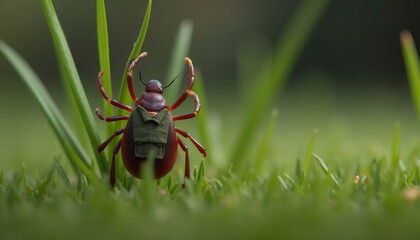 Close-up view of a tick on grass with a detailed focus on its body and natural environment during a sunny day