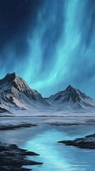 Naklejka premium Nighttime aurora borealis over snowy mountains reflecting in a calm lake, a serene winter landscape. Possible use Stock photo for wallpaper, travel brochures, or nature documentaries