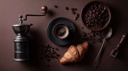 Naklejka premium Classic Coffee Preparation with Grinder, Cup, and Pastries