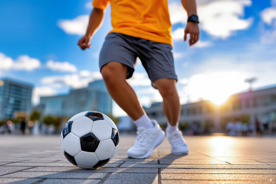 Soccer ball on urban pavement with player in yellow jersey and grey shorts. Street football in city plaza with modern buildings and blue sky backdrop. Active lifestyle during summer sunset. Athletic