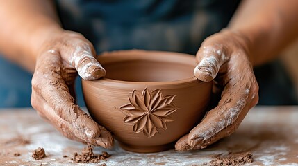 A potter carving symmetrical patterns onto a clay bowl