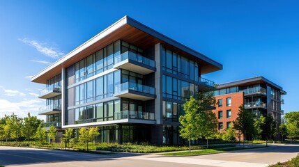 Fototapeta premium Modern apartments gleam beneath a sunny sky