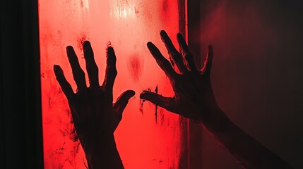 Two dirty hands are touching a bloody red surface, creating a scary and disturbing atmosphere, ideal for halloween or horror themed projects