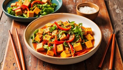 Delicious Tofu Stir Fry With Red Peppers And Greens On Rustic Wooden Table