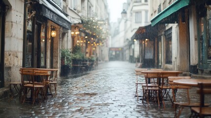 Fototapeta premium Rainy Street Scene with Empty Tables in Parisian Alleyway