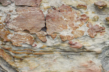 Eroded Stone Surface with Layered Texture in Natural Earth Tones. Close-up of weathered stone...