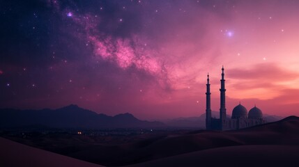 Naklejka premium A panoramic view of a minarets under a cosmic sky filled with bright stars and nebulae,