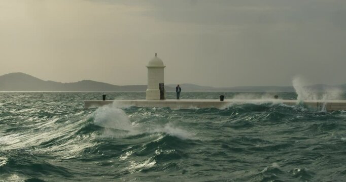 Strong Waves from the Jugo Wind Crash on the Promenade in Zadar, Croatia