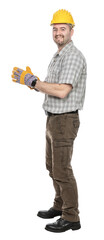 Construction worker wearing gloves and hardhat on transparent background