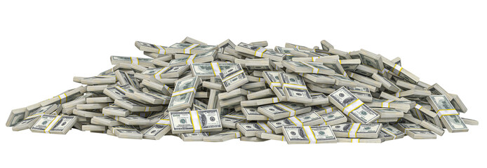 Bundles of one hundred dollar bills forming a large pile on a transparent background