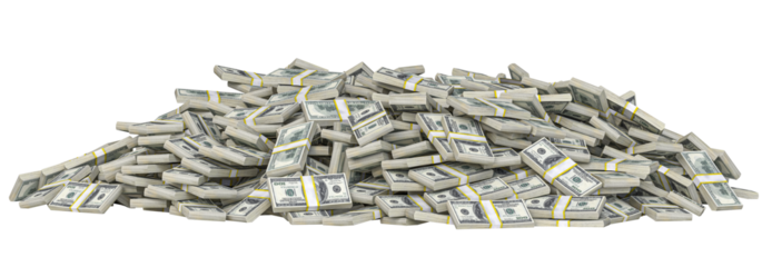 Bundles of one hundred dollar bills forming a large pile on a transparent background