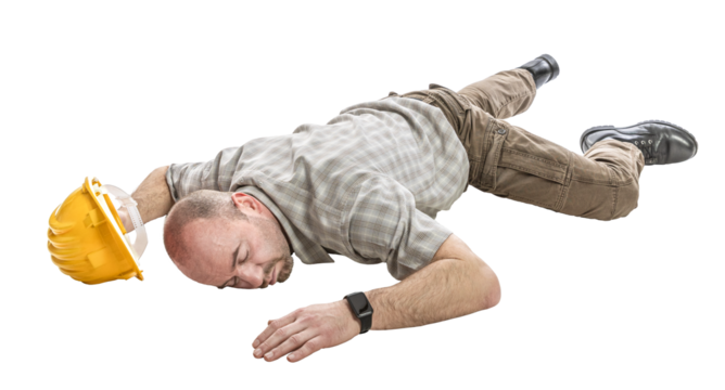 Construction worker lying down after work accident with transparent background