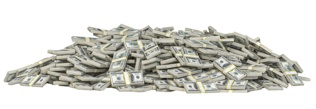 Bundles of one hundred dollar bills forming a large pile on a transparent background