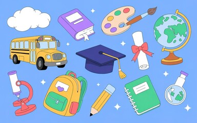 Education Items Bus, Book, Graduation Cap, Paint Palette, Globe
