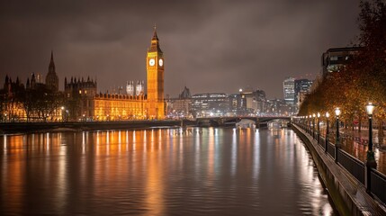 Fototapeta premium Nighttime view of the Houses of Parliament and Big Ben reflected in the River Thames