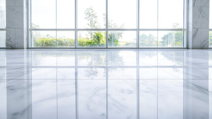 polished marble floor reflects natural light, creating serene atmosphere with large windows showcasing greenery outside