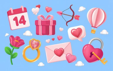 Pink Valentines Day Icon Set with Calendar, Gift Box, Hearts, Ring, and Hot Air Balloon