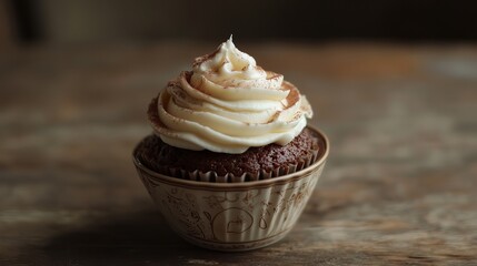Delicious chocolate cupcake with creamy vanilla frosting and cocoa powder food sweet treat tasty