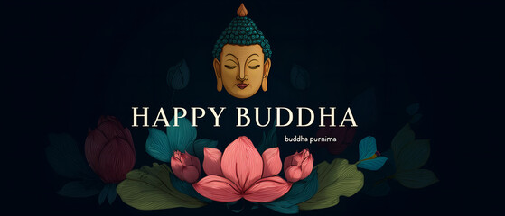elegant, dark happy buddha purnima banner with text and buddhism traditional decor over black panoramic background; easy to rescale to mobile / web sizes