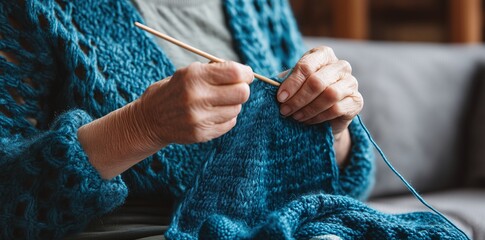 Elderly woman sitting comfortably, crafting blue cable-knit sweater with traditional knitting needles in cozy living space