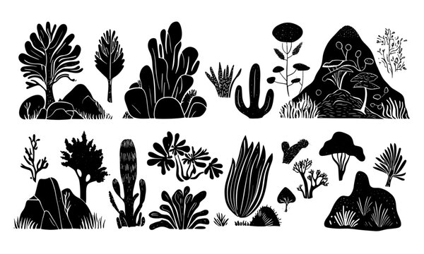 Set of black and white vector surreal contemporary minimal linocut style nature. Hand drawing minimal symbols and nature.	