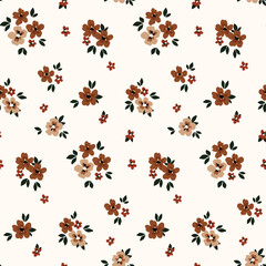 Seamless floral pattern, liberty ditsy print with mini hand drawn bouquets. Cute botanical design of tiny brown flowers, leaves, small bouquets in abstract composition. Vector illustration.
