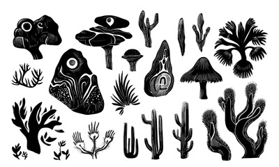 Set of black and white vector surreal contemporary minimal linocut style nature. Hand drawing minimal symbols and nature.	