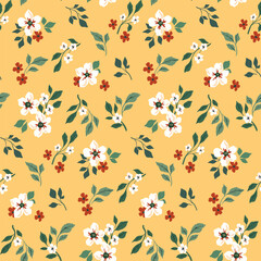 Seamless floral pattern, liberty ditsy print of small hand drawn plants in abstract composition. Cute botanical design, tiny white flowers, leaves, bouquets on a yellow background. Vector illustration