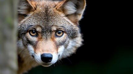 Fototapeta premium Coyote Peeking From Behind Tree Trunk Close-up