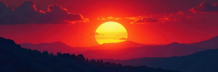 Fiery sun dips below horizon, bold lines radiate , beams, dramatic