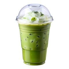 Refreshing Matcha Green Tea Latte in Plastic Cup on Transparent  background