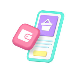 Fototapeta na wymiar Online shopping payment shop store smartphone application 3d icon realistic vector illustration. Internet supermarket market mobile phone app paying web banking buying goods purchase technology