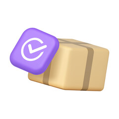 Postal parcel cargo delivery success complete checkmark done 3d icon realistic vector illustration. Online shopping freight cardboard box courier shipping transportation checking report badge