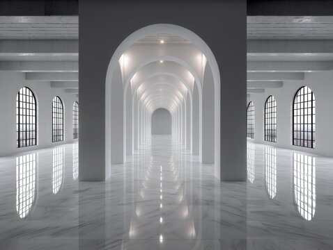 Symmetrical perspective of bright white interior architectural hall with large arches columns and reflective marble floor emphasizing grand minimalistic design and elegant timeless atmosphere