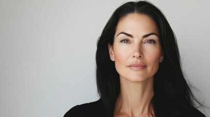 Obraz premium portrait of a beautiful caucasian woman 45 years old with dark long hair with well-groomed skin, studio light background, copyspace