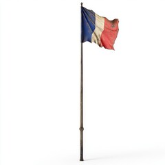 French flag flying on a pole, isolate on white background.