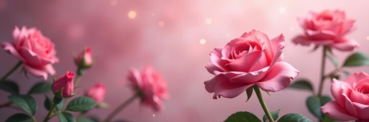 Obraz premium Subtle pink rose blooms, soft diffused light, refined floral pattern, rose bloom, spring, floral design