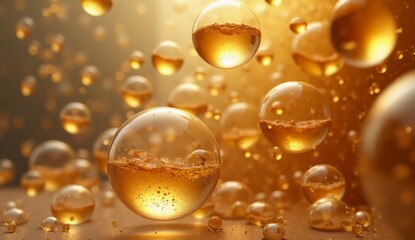 Gold bubble liquid oil essence. Cosmetic oil essence molecules. Vitamin serum background