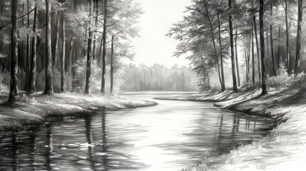 Monochrome Forest River Scene