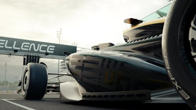 Low angle view of a generic formula one race car rolling into pole position. 3D animation rendering. New 2025 black and gold race car design