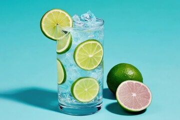 Sparkling lemonade beverage in clear glass with lime lemon slices and ice cubes against bright teal background showcasing refreshing vibrant summer hydration and fresh citrus drink energy