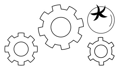 Three gears of varying sizes aligned with a simple tomato illustration, symbolizing machinery, teamwork, and natural harmony. Ideal for agriculture, innovation, teamwork, process improvement