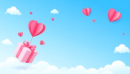 Soft, serene blue sky, wispy white clouds drift lazily, creating a dreamy and open background. In the center, a charming, pastel-colored gift box floats lightly in midair, tied.