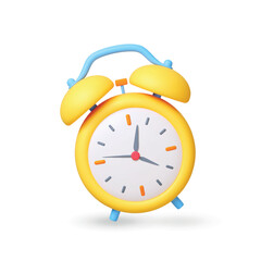 Alarm clock 3d icon. Cute yellow clock with bells, vintage style. Wake up morning concept, office deadline, meeting date reminder. Realistic vector element