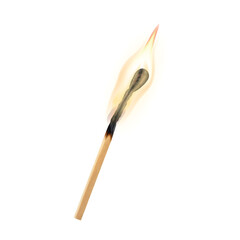 Burning wooden match, realistic isolated element with coal head and flame. Fire match stick for lighting cigarette, campfire, gas stove, light, vector element